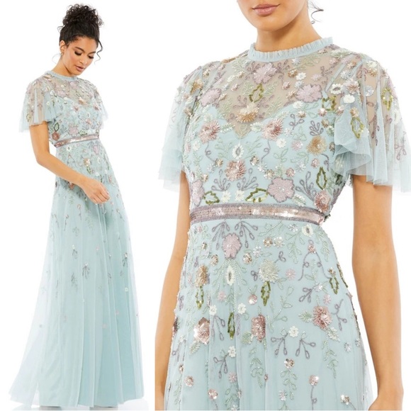 Mac Duggal 9136 Embellished High Neck Butterfly Sleeve Gown Sz 8 NWT Mint Multi